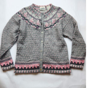 Vintage Northern Reflections Cardigan Sweater Fair Isle Nordic Pink Gray Medium